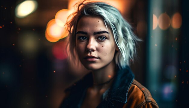 Una hermosa joven iluminada por la luz de la calle sonriendo con confianza generada por IA