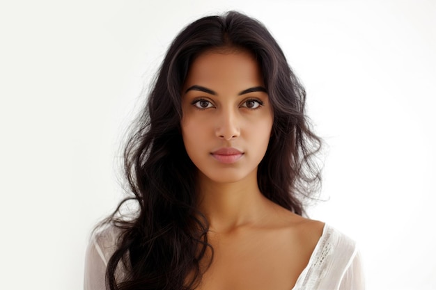 Una hermosa joven india cuida de su piel posando sobre un fondo gris