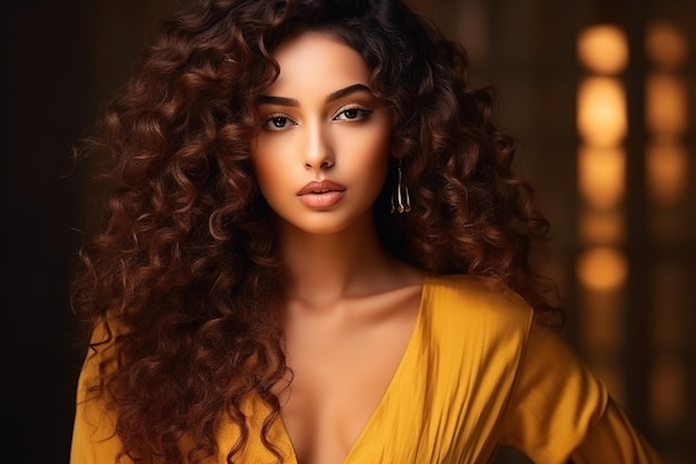 Hermosa joven india con pelo rizado en vestido dorado