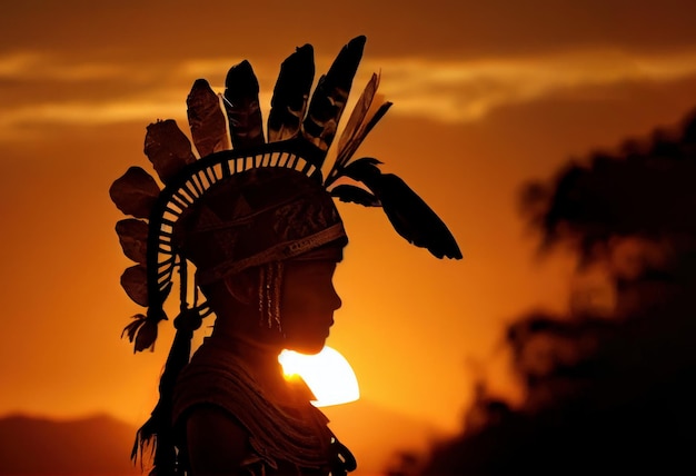 Hermosa joven indígena al atardecer en el amazonasIA generativa