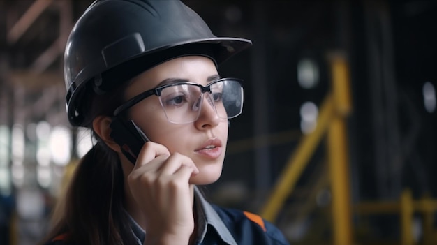 Hermosa joven ingeniera o arquitecta asiática con un casco de seguridad blanco y hablando por un walkietalkie en un sitio de construcción AI generativa