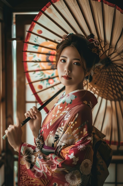 Foto una hermosa joven en kimono practicando las costumbres tradicionales japonesas