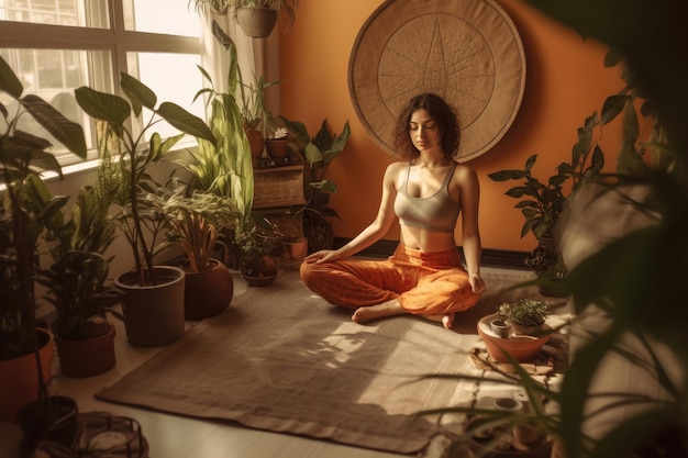 Hermosa joven kundalini yoga en posición de loto en el interior de estilo boho