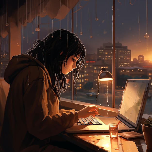 Hermosa joven lofi estudiando mientras escucha música con lluvia afuera