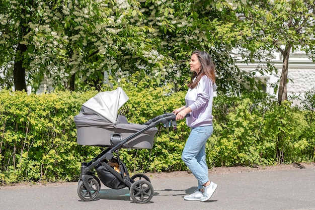 Hermosa joven madre con un cochecito de bebé en el parque