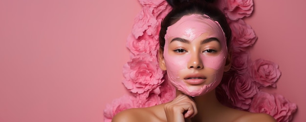 Hermosa joven con mascarilla cosmética rosa pancarta rosa Foto de alta calidad IA generativa