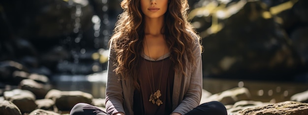 Una hermosa joven medita en la naturaleza en un hermoso bosque