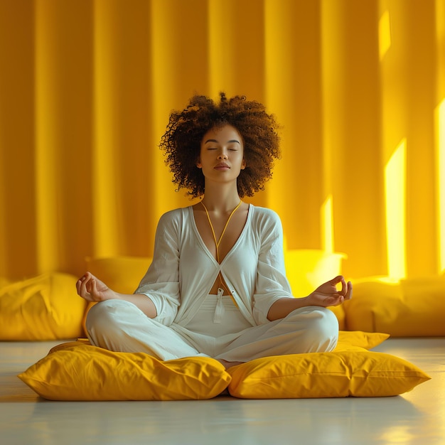 Una hermosa joven meditando en una habitación amarilla