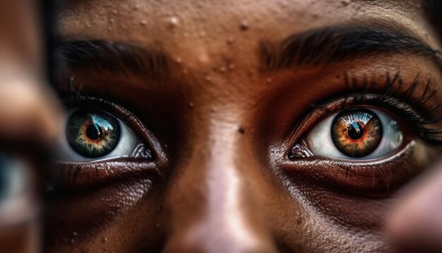 Foto hermosa joven mirando a la cámara con ojos azules de cerca generados por inteligencia artificial