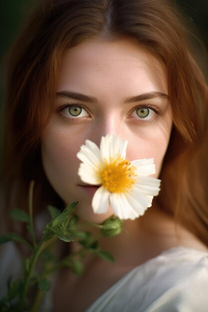 Una hermosa joven mirándote mientras sostiene una flor creada con IA generativa