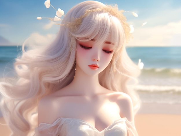 Hermosa joven modelo con fondo de playa estilo anime manga generado por Ai