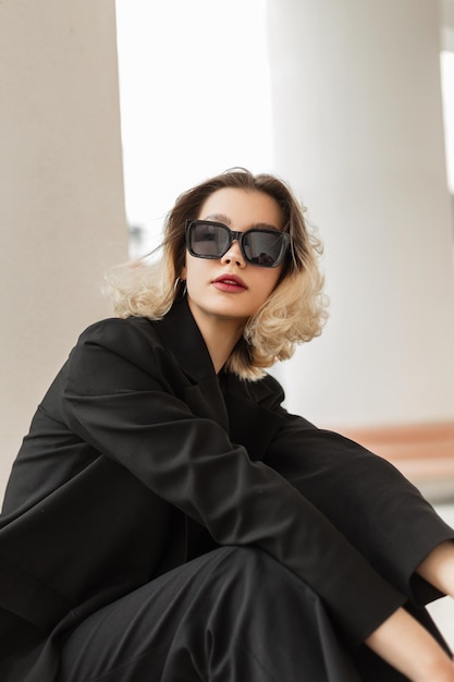 Hermosa joven modelo de mujer de negocios urbana con cabello corto en ropa de elegancia negra con blazer se sienta en la calle cerca de una columna blanca