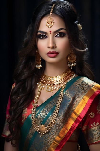 Hermosa joven morena en sari indio y joyas