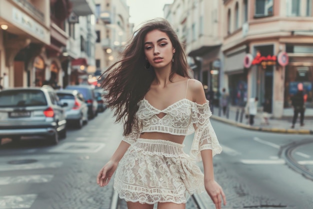 Una hermosa joven morena con un vestido y caminando por la calle.