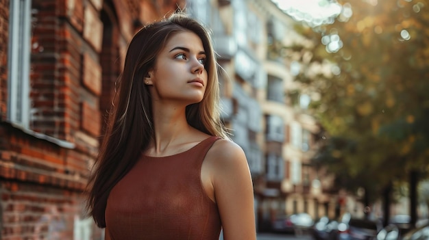 Una hermosa joven morena con un vestido y caminando por la calle.