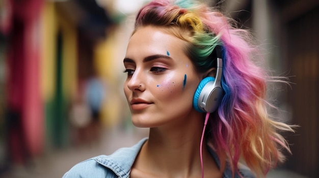 Hermosa joven mujer alegre caminando por una calle de la ciudad mientras escucha música con auriculares inalámbricos AI generativa