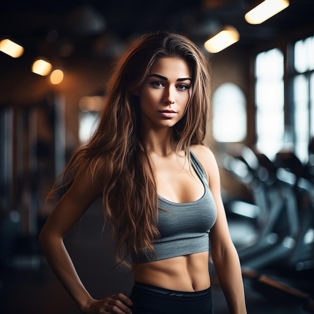 Hermosa joven mujer deportiva entrenamiento de entrenamiento en un gimnasio IA generativa