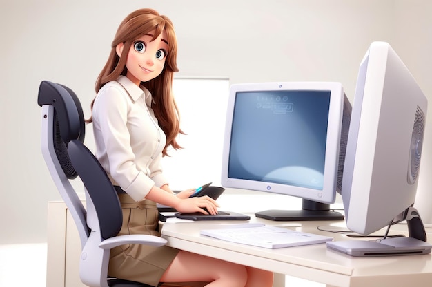 Una hermosa joven mujer de negocios sentada en su escritorio frente a la computadora