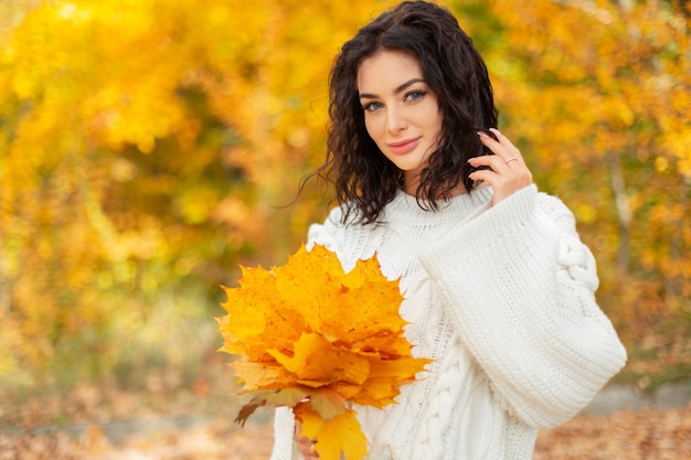 Hermosa joven mujer rizada con estilo en un suéter de punto blanco de moda con un ramo de hojas de arce amarillas camina en un parque dorado de otoño