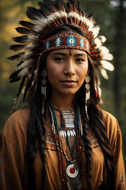 Hermosa joven nativa americana con traje tradicional