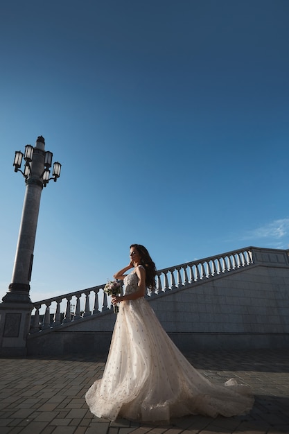 Una hermosa joven novia con un lujoso vestido de novia de encaje posando al aire libre al aire libre portr romántico ...