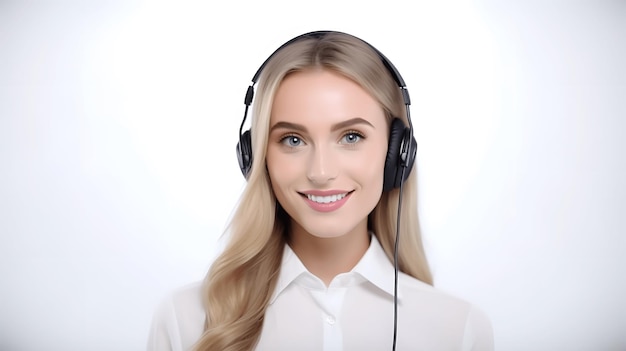 Hermosa joven operadora de centro de llamadas usando auriculares con micrófono