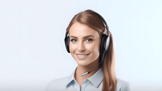 Hermosa joven operadora de centro de llamadas usando auriculares con micrófono