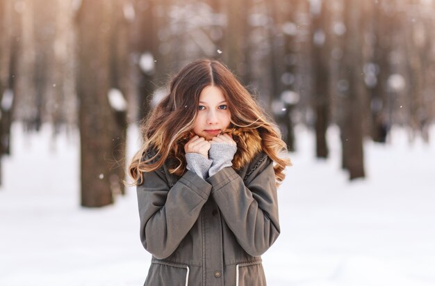 Hermosa joven en un parque de invierno camina