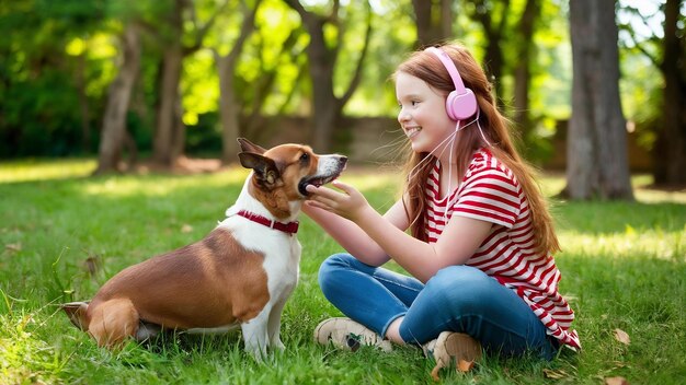 Foto una hermosa joven pelirroja escuchando música con copas mientras juega con su perro en el parque