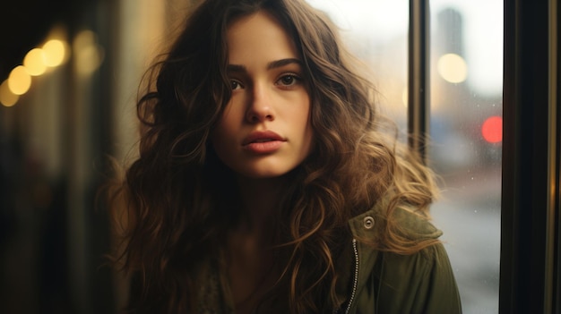 una hermosa joven con el pelo largo mirando por la ventana