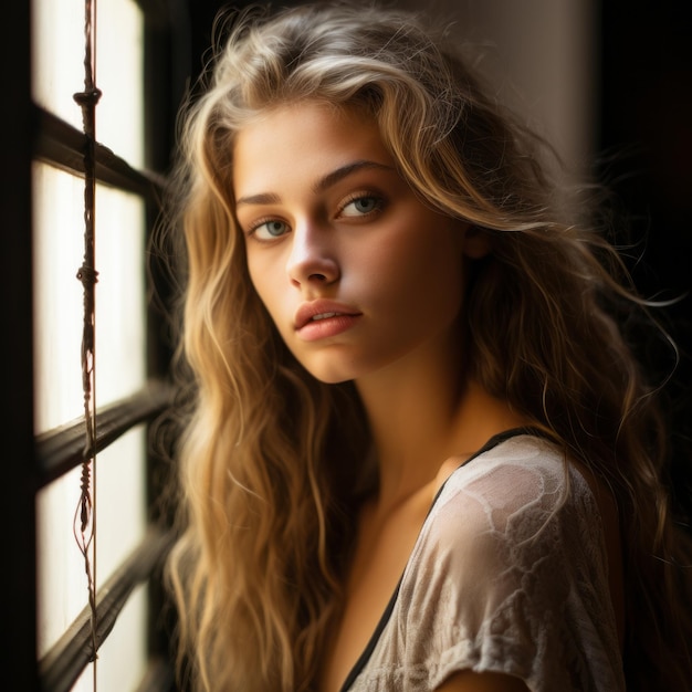 una hermosa joven con el pelo largo y ondulado mirando por la ventana