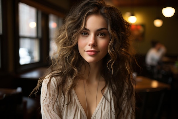 una hermosa joven con el pelo largo y ondulado sentada en una mesa
