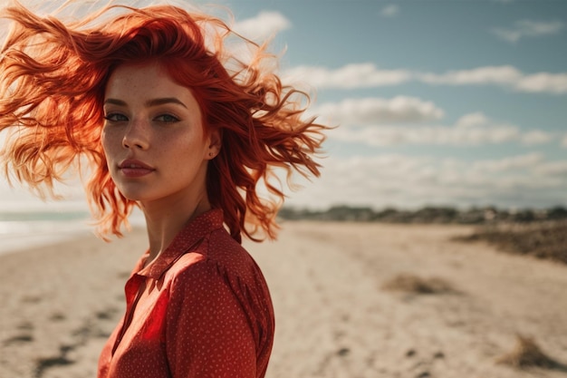 Hermosa joven con el pelo rojo volando en la playa al atardecer