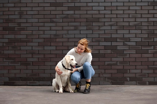 Hermosa joven con un perro en una calle contra una pared, un cachorro retriever le da una pata a una mujer