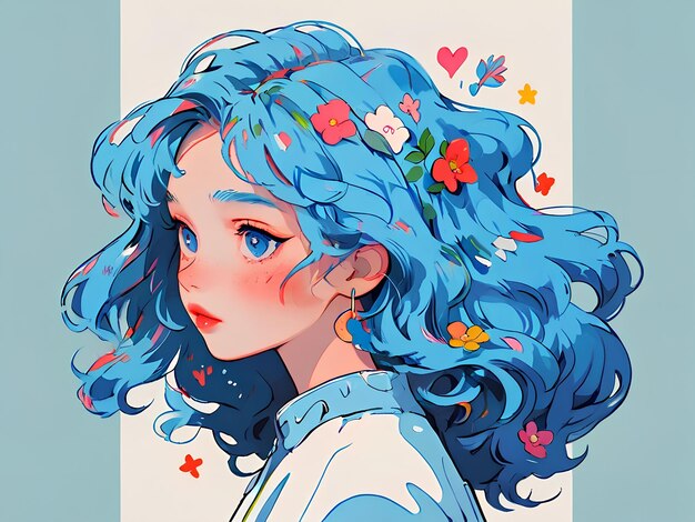 Hermosa joven personaje de anime con cabello azul y ojos azules ilustración