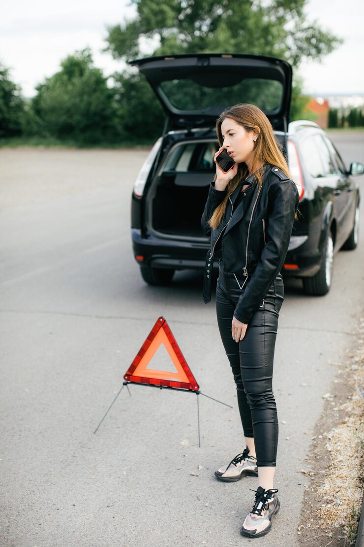 Hermosa joven pidiendo ayuda al costado de la carretera mientras su auto está roto