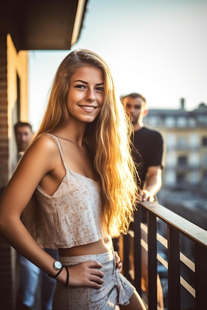una hermosa joven de pie en un balcón con sus amigos en el fondo creado con ai generativo