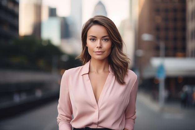 Hermosa joven de pie en ropa rosa