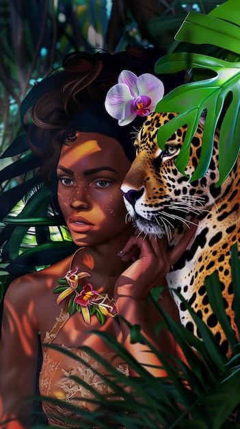 Foto hermosa joven de piel oscura con orquídeas en el cabello y un jaguar en la selva entre las palmeras