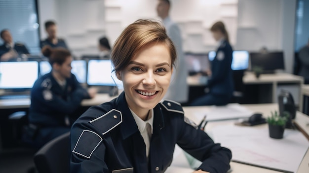 Una hermosa joven policía caucásica sentada en su escritorio en una oficina moderna rodeada de gente