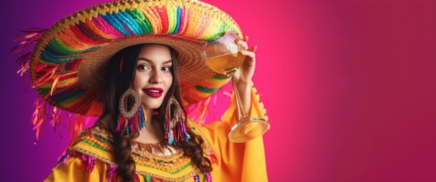 Hermosa joven en poncho de ropa brillante y sombrero