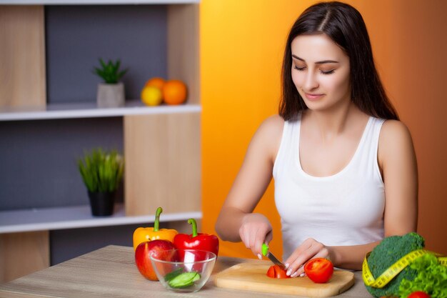 Hermosa joven prepara una ensalada de dieta útil