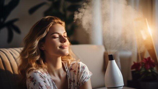 Foto una hermosa joven se relaja en un autobús mientras los aceites de aromaterapia endulzan el aire en una sala de estar