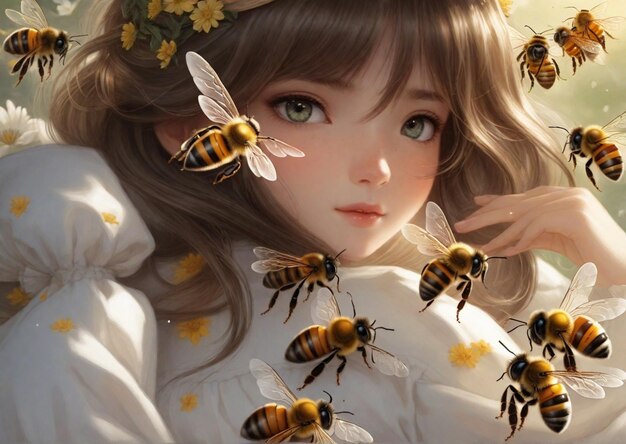 Foto hermosa joven rodeada de abejas extrayendo miel de las colmenas ilustración de primavera