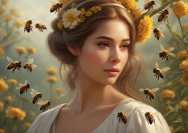 hermosa joven rodeada de abejas extrayendo miel de las colmenas ilustración de primavera