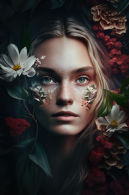 Una hermosa joven con un rostro adornado con flora y pétalos AIGenerated