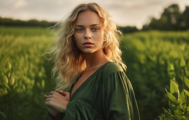 Hermosa joven rubia en el campo verde