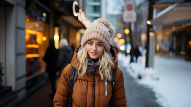 Hermosa joven rubia con ropa de invierno caminando por la calle en la ciudad