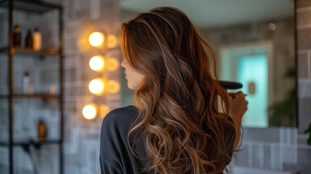 Una hermosa joven se seca el cabello con un secador de cabello