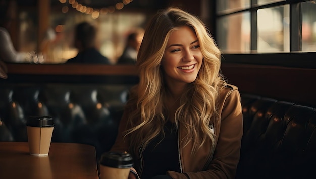 Hermosa joven sentada en una cafetería bebiendo café sonriendo